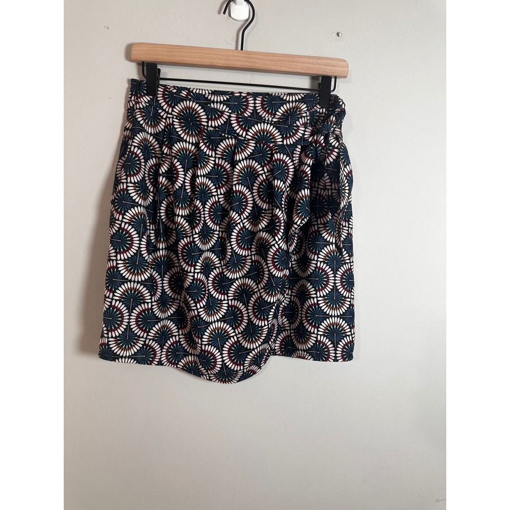 Molly Bracken Geometric Fan Print Wrap Tulip Skirt Navy Blue Teal Coral NEW - Picture 2 of 8